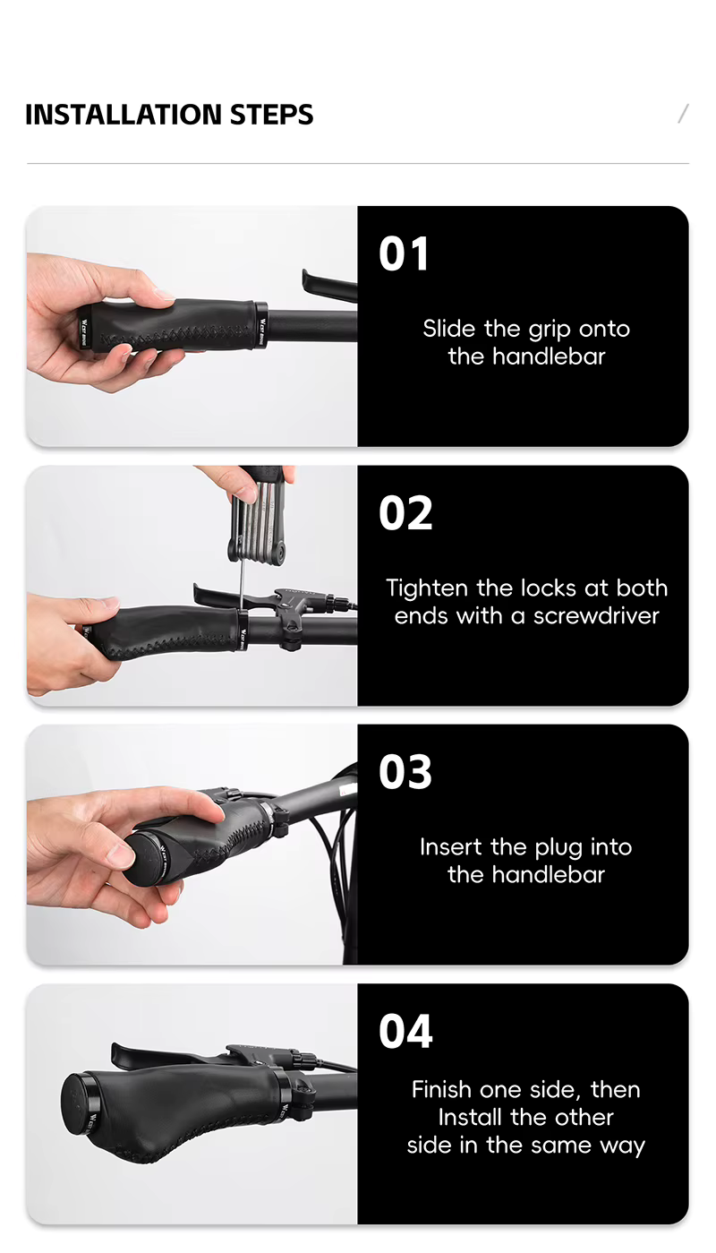 The supplier’s four installation steps: slide the grip on, tighten the locks at both ends, insert the plug, then do the other side — Zeus eBikes Canada