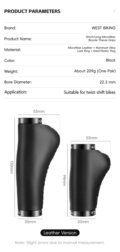 The supplier’s size sheet for the black microfiber version: long grip 130 mm, short grip 94 mm, 55 mm across the wing and 33 mm across the round part, with its parameter table (about 209 g a pair, 22.2 mm bore) — Zeus eBikes Canada