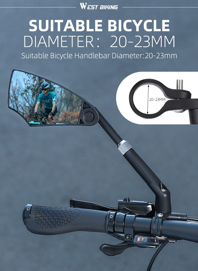 Supplier slide for the West Biking mirror: a rider reflected in the lens, the clamp ring marked 20 to 23 mm, and the heading Suitable Bicycle Diameter 20-23 mm — Zeus eBikes Canada