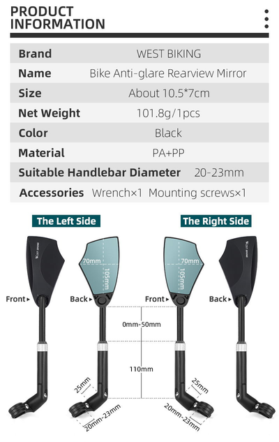 Supplier specification sheet for the West Biking mirror: brand, size about 10.5 by 7 cm, 101.8 g per piece, PA+PP, 20 to 23 mm bars, wrench and mounting screw, with front and back views and dimensions — Zeus eBikes Canada
