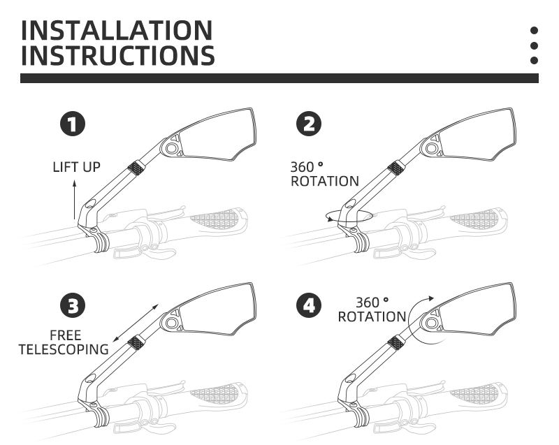 Four-step installation diagram for the West Biking mirror: lift up, rotate 360 degrees, free telescoping, rotate the lens 360 degrees — Zeus eBikes Canada