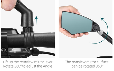 Two supplier photos for the West Biking mirror: a hand lifting the arm up from the handlebar clamp, and a hand turning the mirror surface through 360 degrees — Zeus eBikes Canada