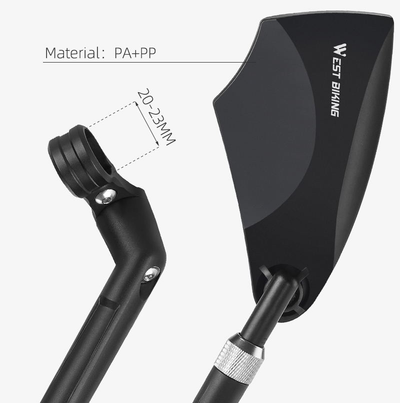 Back of the West Biking mirror shell and its one-piece nylon clamp bracket, with labels reading Material PA+PP and 20-23MM — Zeus eBikes Canada
