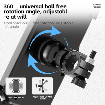 Supplier close-up of the West Biking holder's ball joint and handlebar clamp ring, captioned 360 degree rotation and adjustable up and down — Zeus eBikes Canada