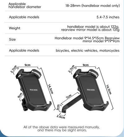 Supplier dimension sheet for both West Biking holder versions: 18 to 28 mm handlebar fit, 5.4 to 7.5 inch phones, about 122 g and 131 g, drawings marked 9 cm, 14.5 cm and 2.7 cm — Zeus eBikes Canada