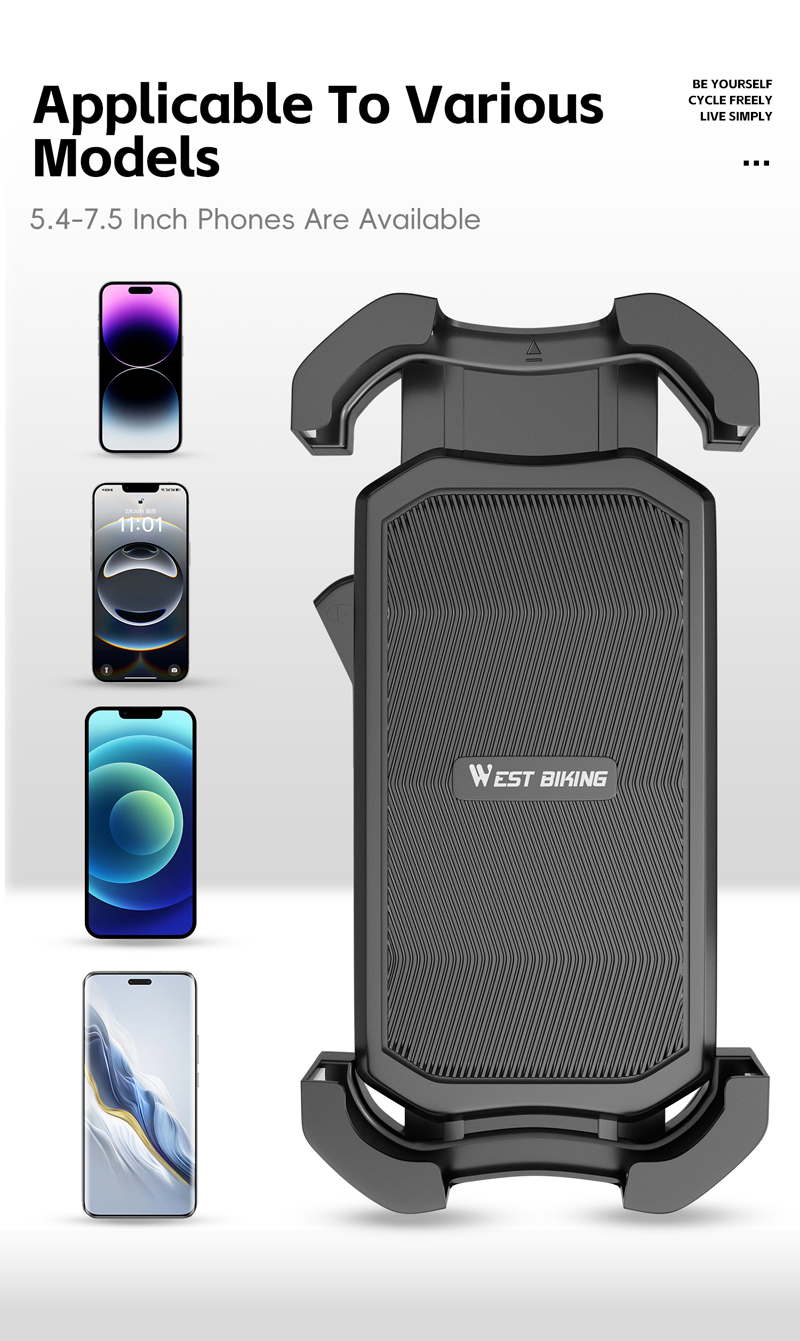 Supplier slide showing the West Biking holder with its arms open beside four phones, captioned for 5.4 to 7.5 inch phones — Zeus eBikes Canada