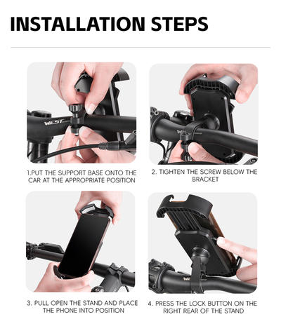 Supplier installation steps 1 to 4 for the handlebar version of the West Biking phone holder — Zeus eBikes Canada