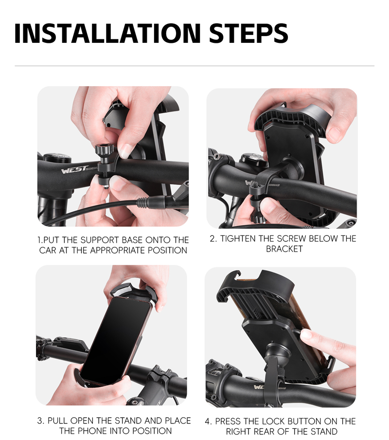 Supplier installation steps 1 to 4 for the handlebar version of the West Biking phone holder — Zeus eBikes Canada