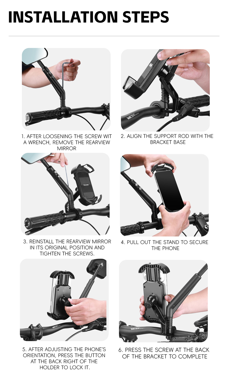 Supplier installation steps for the rearview-mirror version: remove the mirror with a wrench, line up the holder's support rod, refit the mirror and lock the phone — Zeus eBikes Canada