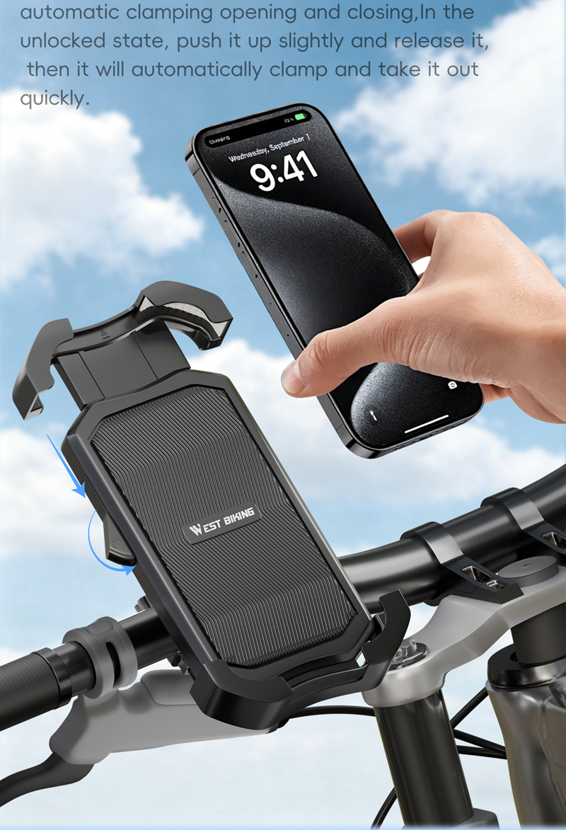 Supplier photo of a hand lowering a phone into the open West Biking cradle on a handlebar, under the supplier's caption on how the clamp closes — Zeus eBikes Canada