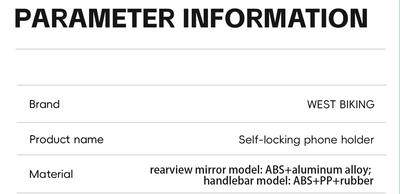 Supplier parameter sheet for the West Biking holder: brand, product name, and material by version, ABS and aluminium alloy for the mirror version, ABS, PP and rubber for the handlebar version — Zeus eBikes Canada