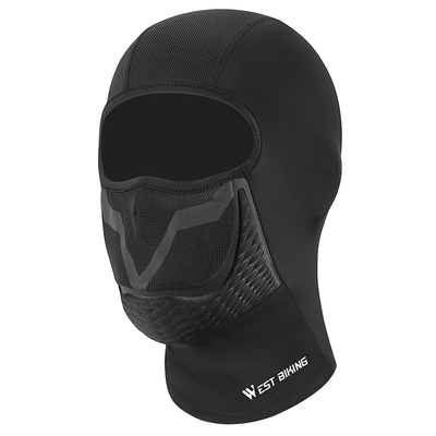 West Biking summer balaclava, long style without glasses holes, three-quarter view showing the mesh mouth panel and neck flap — Zeus eBikes Canada