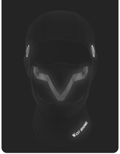 Supplier night photo of the balaclava with its V-shaped strip, WEST BIKING print and glasses-hole rims lit up — Zeus eBikes Canada