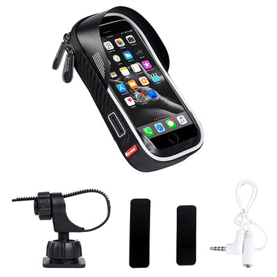 WEST BIKING waterproof phone bag shown with included handlebar mount, velcro pads and earphone extension cable — Zeus eBikes Canada