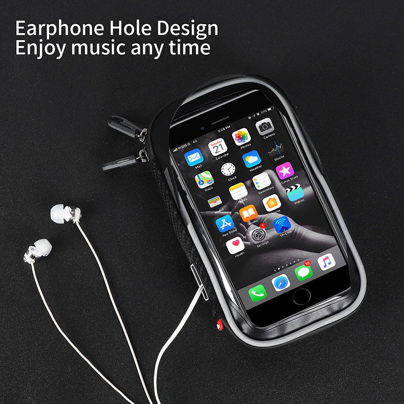 WEST BIKING waterproof bike phone bag front view showing zip closure and reflective window frame — Zeus eBikes Canada