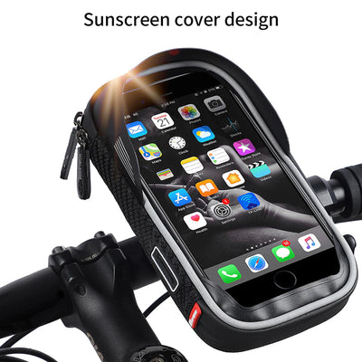 WEST BIKING phone bag mounted on a bicycle handlebar with the sun hood shading the screen — Zeus eBikes Canada