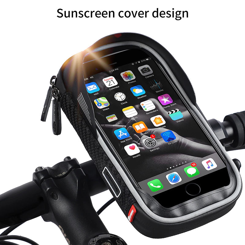 WEST BIKING phone bag mounted on a bicycle handlebar with the sun hood shading the screen — Zeus eBikes Canada