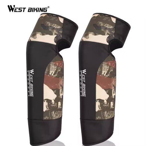 Both West Biking brown camo leg covers seen from the front, black panels and white WEST BIKING lettering on each — Zeus eBikes Canada