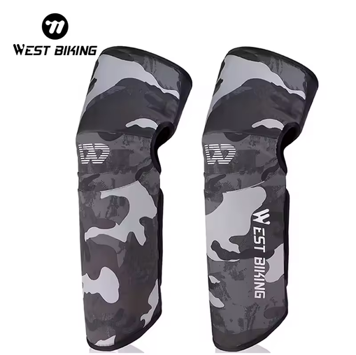 Pair of West Biking winter leg covers in grey camo with WEST BIKING lettering and a logo at the knee, front view — Zeus eBikes Canada