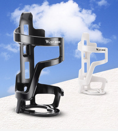 Two bike water bottle cages, one black and one white, showing the side-entry wraparound design
