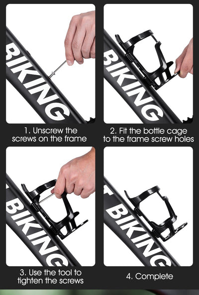 Four fitting steps: unscrew the frame bolts, line up the cage, tighten with a hex key, done