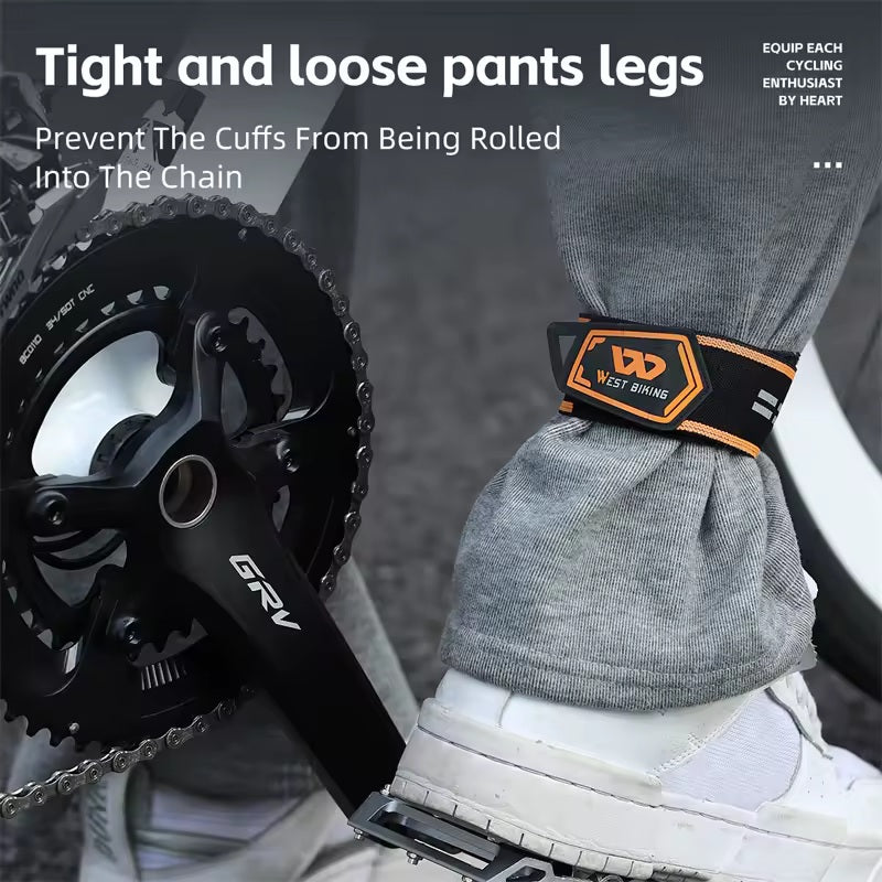 Ankle strap holding a trouser leg clear of the bike's chainring and chain