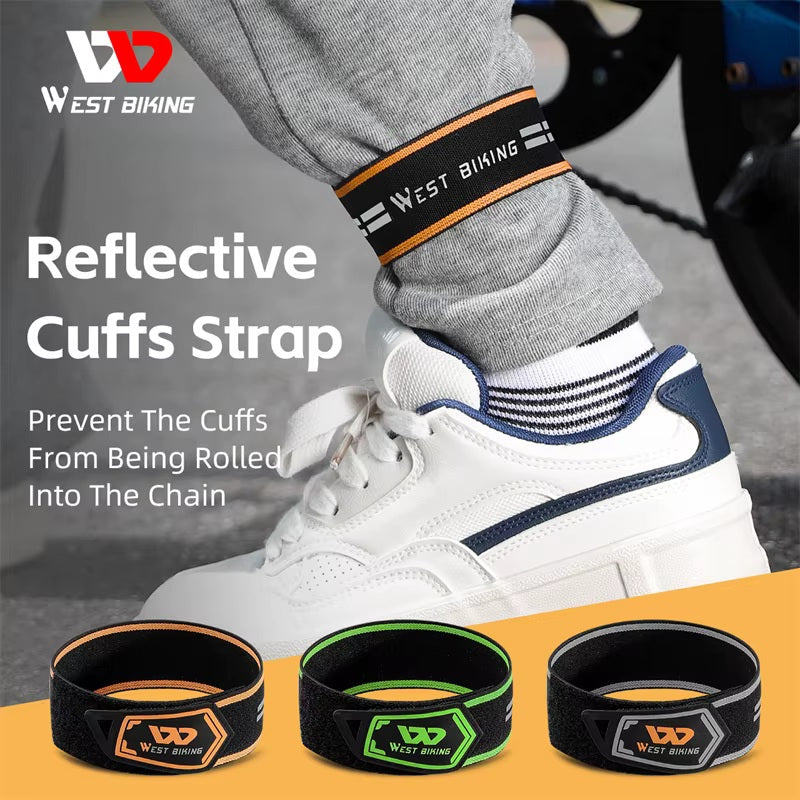 The reflective ankle strap shown in its three accent colours: orange, green and grey